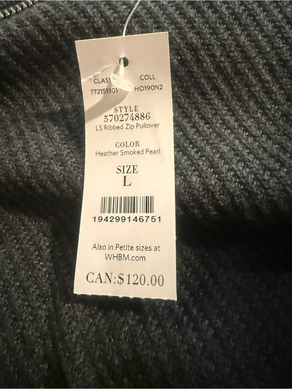 NWT White House Black Market Sweater Size Large Charcoal Grey Ribbed Zip Neck